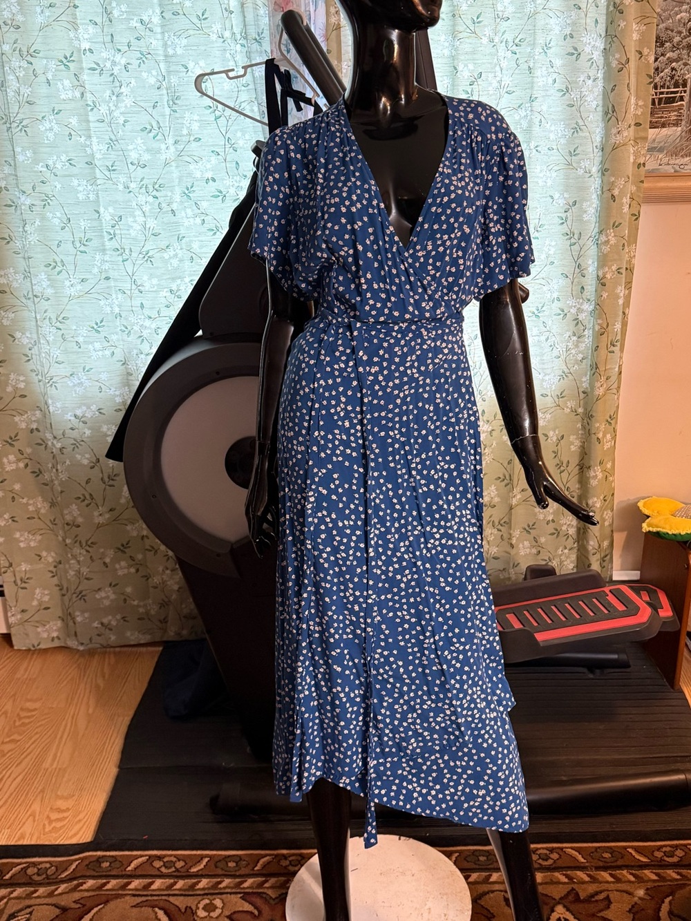 GAP Blue Floral Tie-Waist Midi Dress
